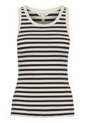 Gestreifter Tanktop mit tailliertem Schnitt, gefertigt aus Rippstoff. Die Farben umfassen Marineblau und Creme, mit gleichmäßigen horizontalen Streifen.