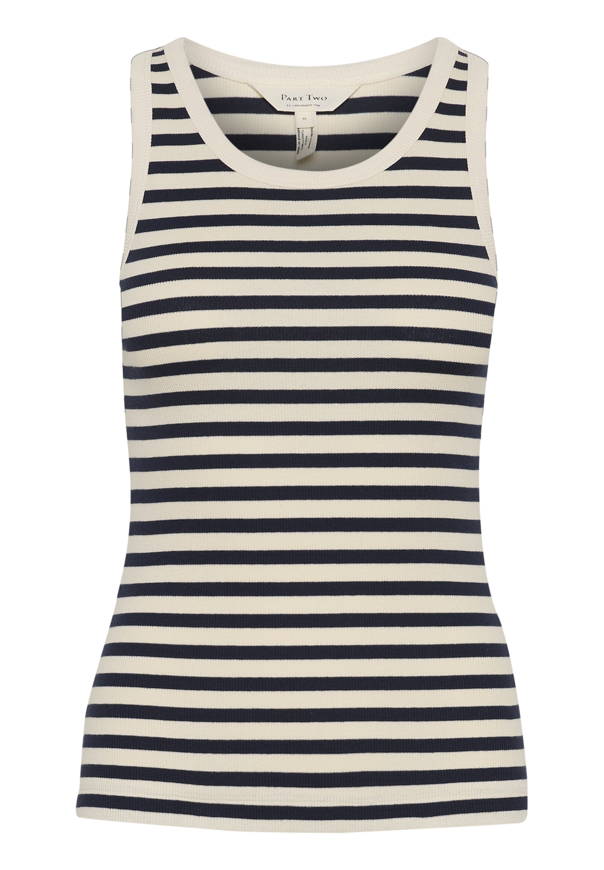 Gestreifter Tanktop mit tailliertem Schnitt, gefertigt aus Rippstoff. Die Farben umfassen Marineblau und Creme, mit gleichmäßigen horizontalen Streifen.