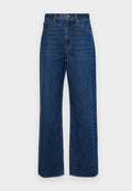 Dunkelblaue weite Jeans aus Denim mit hoher Taille, fünf Taschen und sichtbaren Nähten entlang der Nähte.
