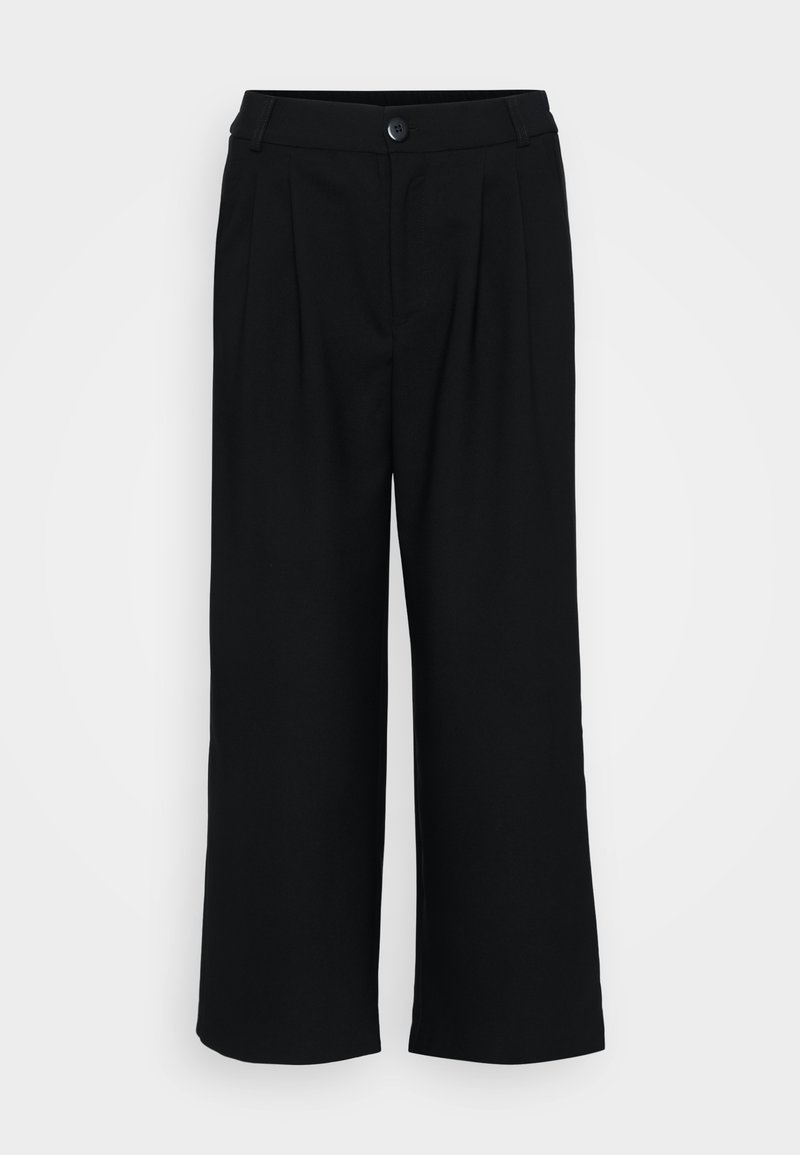 Schwarze weit geschnittene Hosen aus glattem Stoff mit vorderen Falten, einem Bund mit Knopfverschluss und einer fließenden Silhouette.