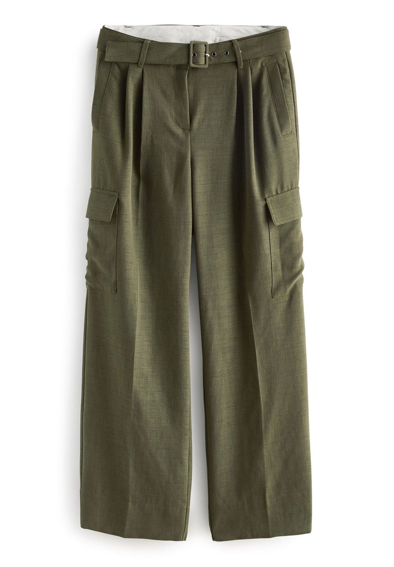 Hochtaillierte olivgrüne weite Hose mit einem Stoffgürtel, vorderen Falten, seitlichen Cargo-Taschen und schrägen Fronttaschen.