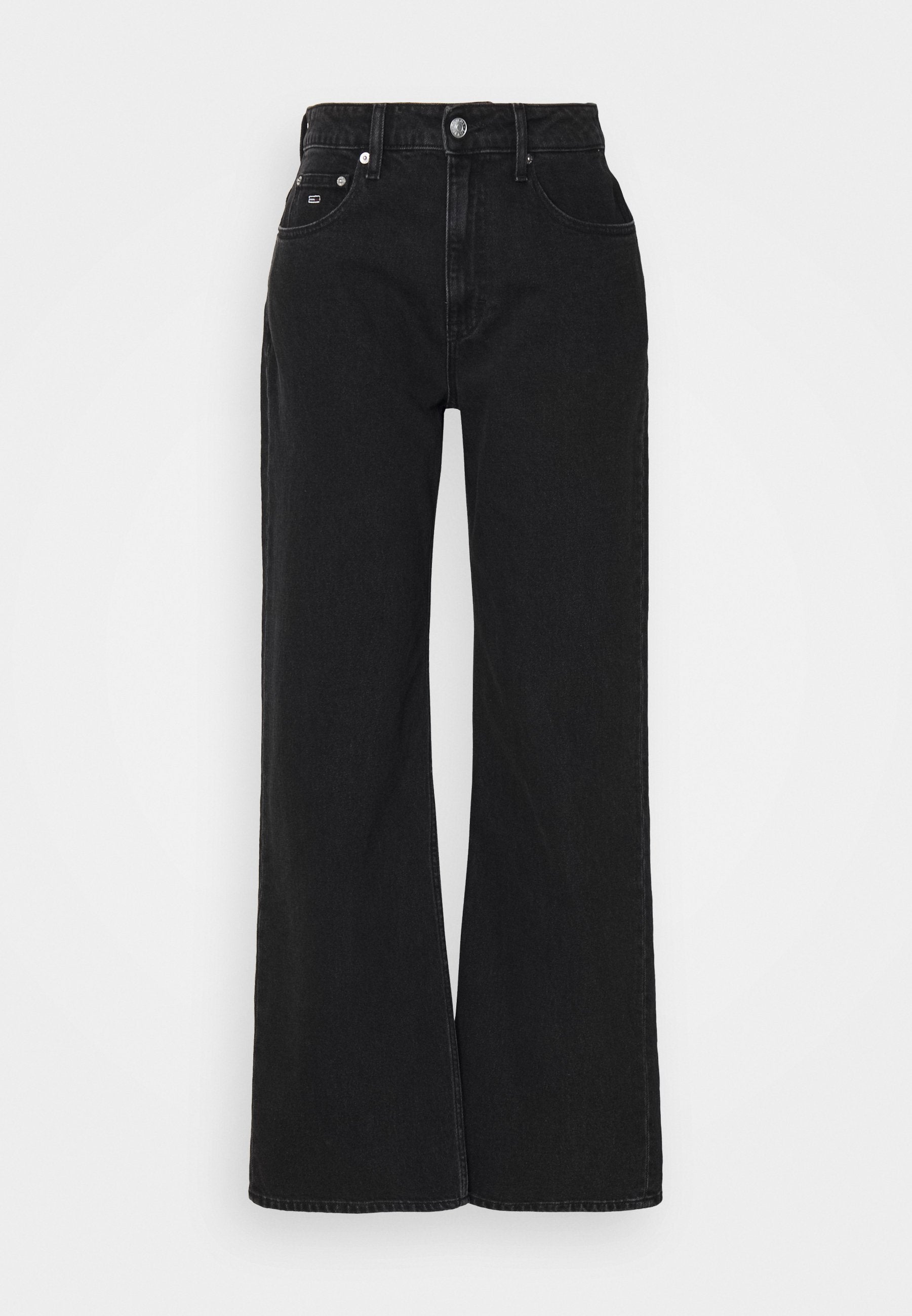 Schwarze weit geschnittene Jeans mit hoher Taille, fünf Taschen, Metallknopfverschluss und robuster Denim-Textur. Schlichte und klassische Konstruktion.