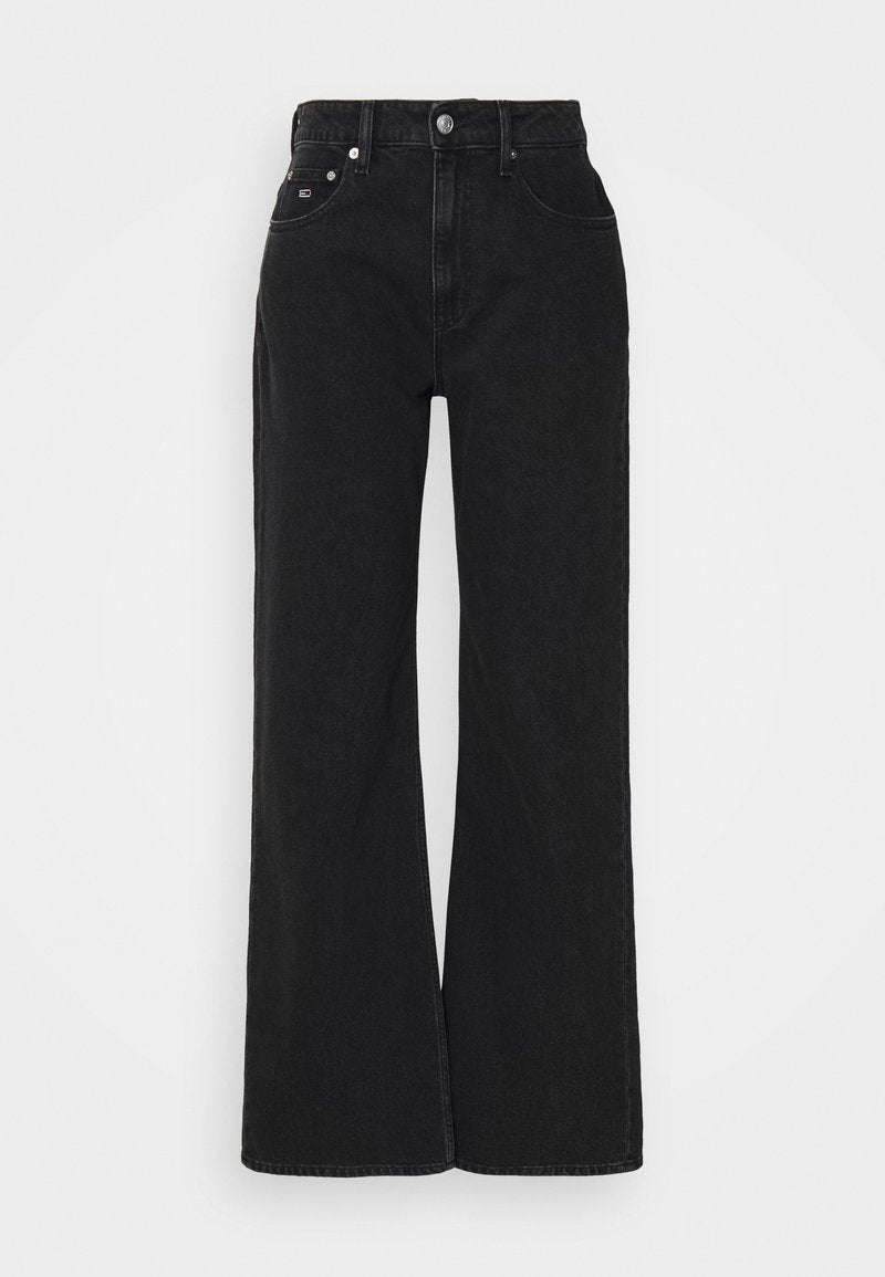 Schwarze weit geschnittene Jeans mit hoher Taille, fünf Taschen, Metallknopfverschluss und robuster Denim-Textur. Schlichte und klassische Konstruktion.