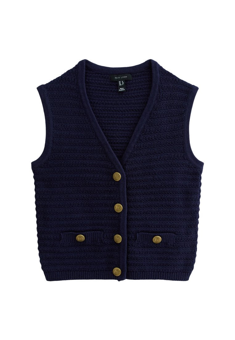 Marineblau gestrickte Weste mit V-Ausschnitt, ausgestattet mit fünf goldfarbenen Knöpfen, zwei vorderen Taschen und einem strukturierten, gewebten Muster.