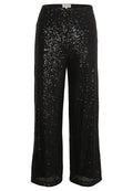 Schwarze weit geschnittene Hose aus Paillettenstoff, mit einer strukturierten Oberfläche und einem bequemen elastischen Taillenbund.