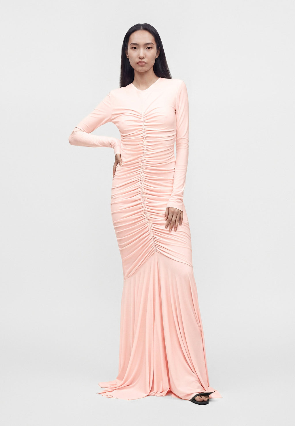 Norma Kamali LONG SLEEVE V NECK SHIRRED FRONT FISHTAIL GOWN