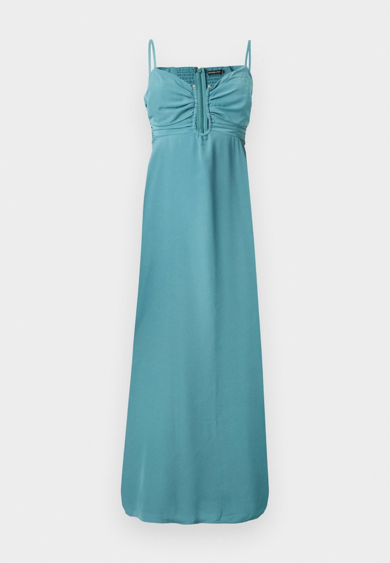 Ärmelloses türkisfarbenes Maxikleid mit gerafftem Bustier, Frontreissverschlusstdetail und dünnen Trägern, auf weißem Hintergrund dargestellt.