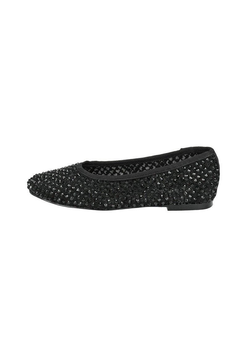 Schwarze Ballerinas mit einer Perlenoberfläche, featuring einer runden Zehenpartie und niedrigem Absatz, aus weichem Stoff mit einer strukturierten Oberfläche.