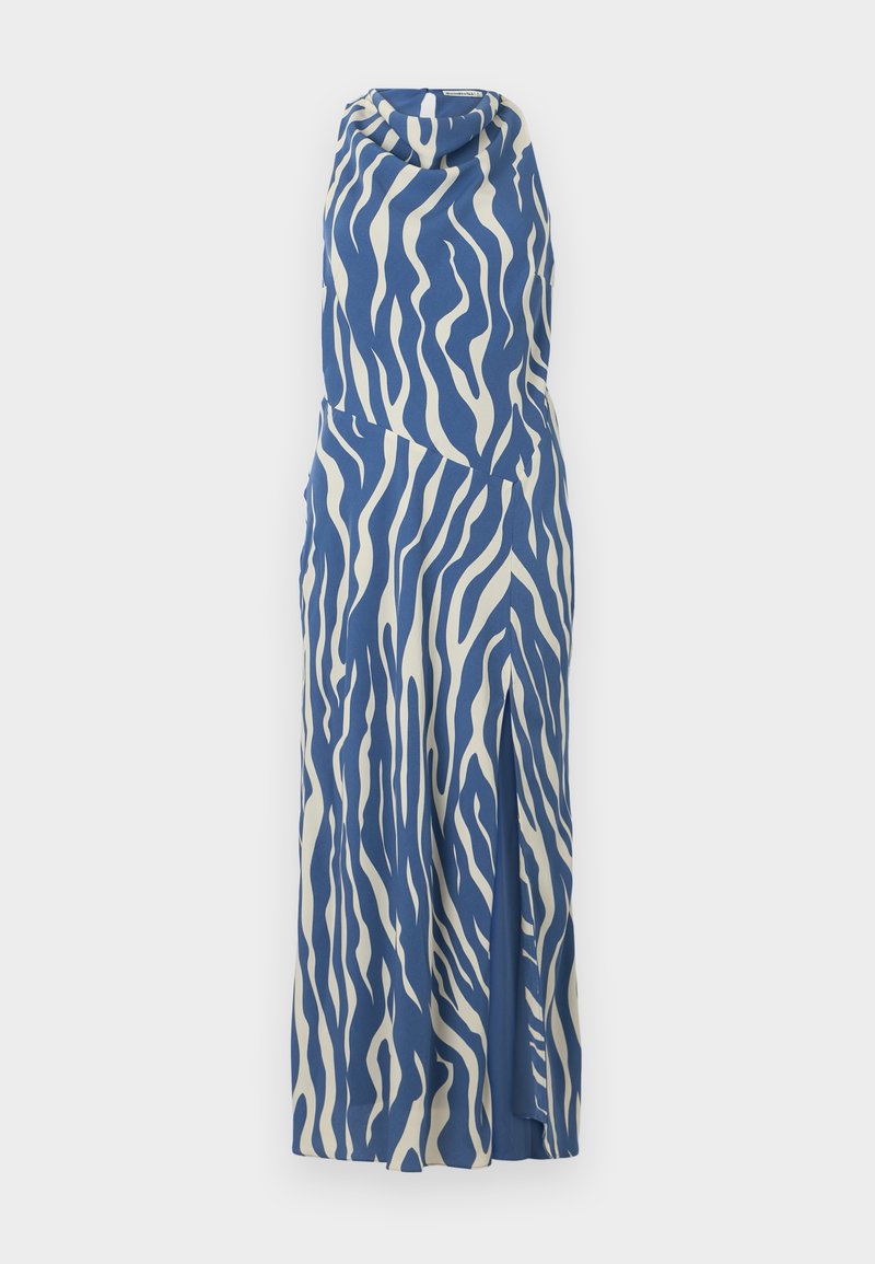 Ärmelloses Kleid in Blau und Creme mit Wellenmuster, drapiertem Ausschnitt und seitlichem Schlitz, aus einem glatten, leichten Stoff gefertigt.