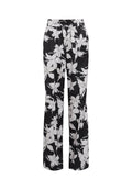 Schwarzblumige Hose mit lockerer Passform. Verfügt über weiße Blumenmuster und einen elastischen Bund. Hergestellt aus glattem, leichtem Stoff.