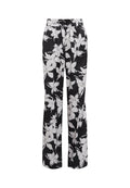 Schwarzblumige Hose mit lockerer Passform. Verfügt über weiße Blumenmuster und einen elastischen Bund. Hergestellt aus glattem, leichtem Stoff.