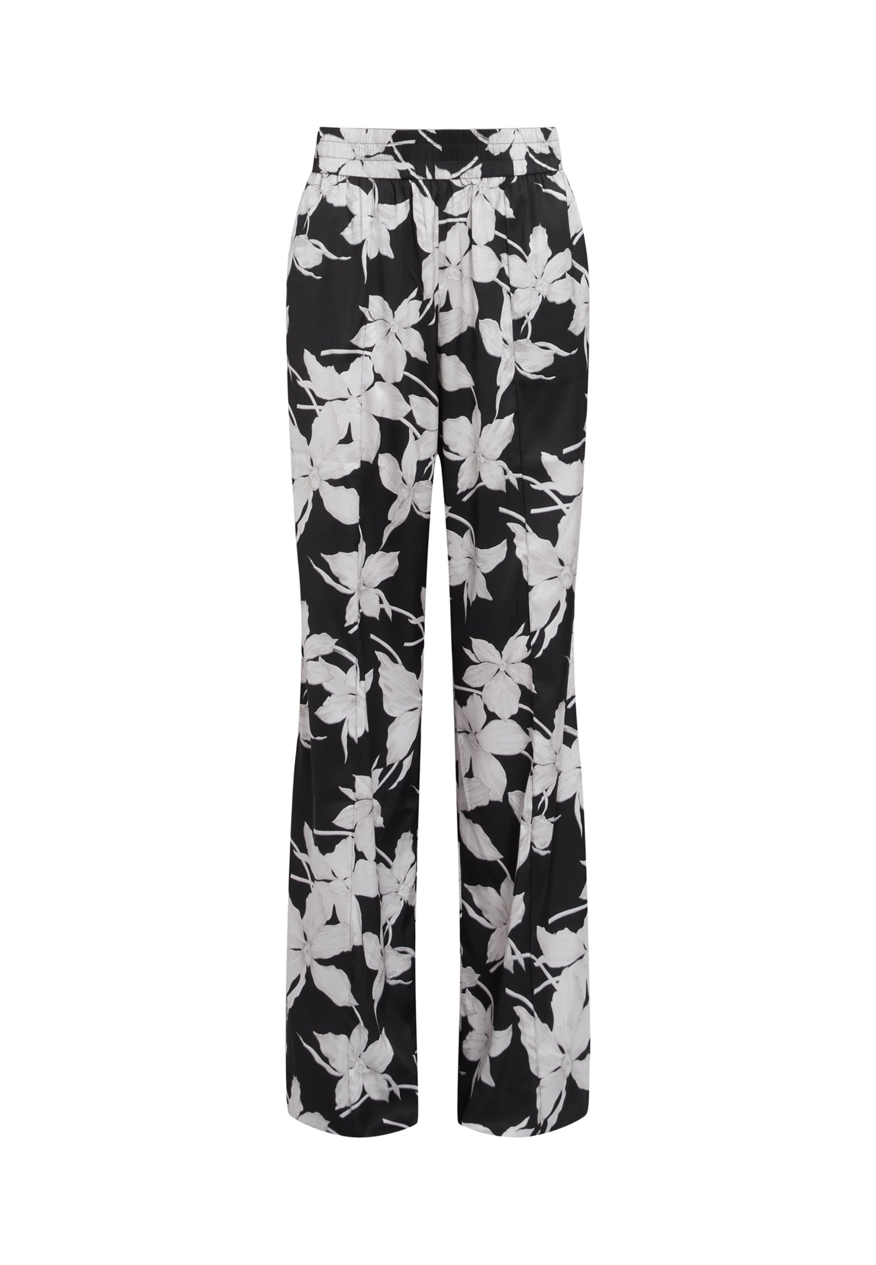 Schwarzblumige Hose mit lockerer Passform. Verfügt über weiße Blumenmuster und einen elastischen Bund. Hergestellt aus glattem, leichtem Stoff.