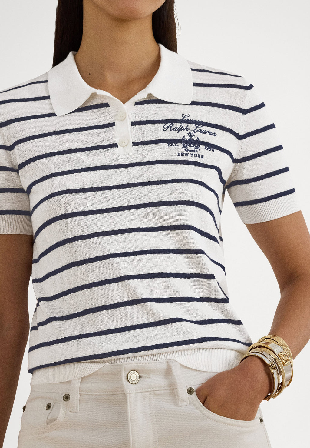 Lauren Ralph Lauren Petite STRIPED COTTON-BLEND POLO SWEATER