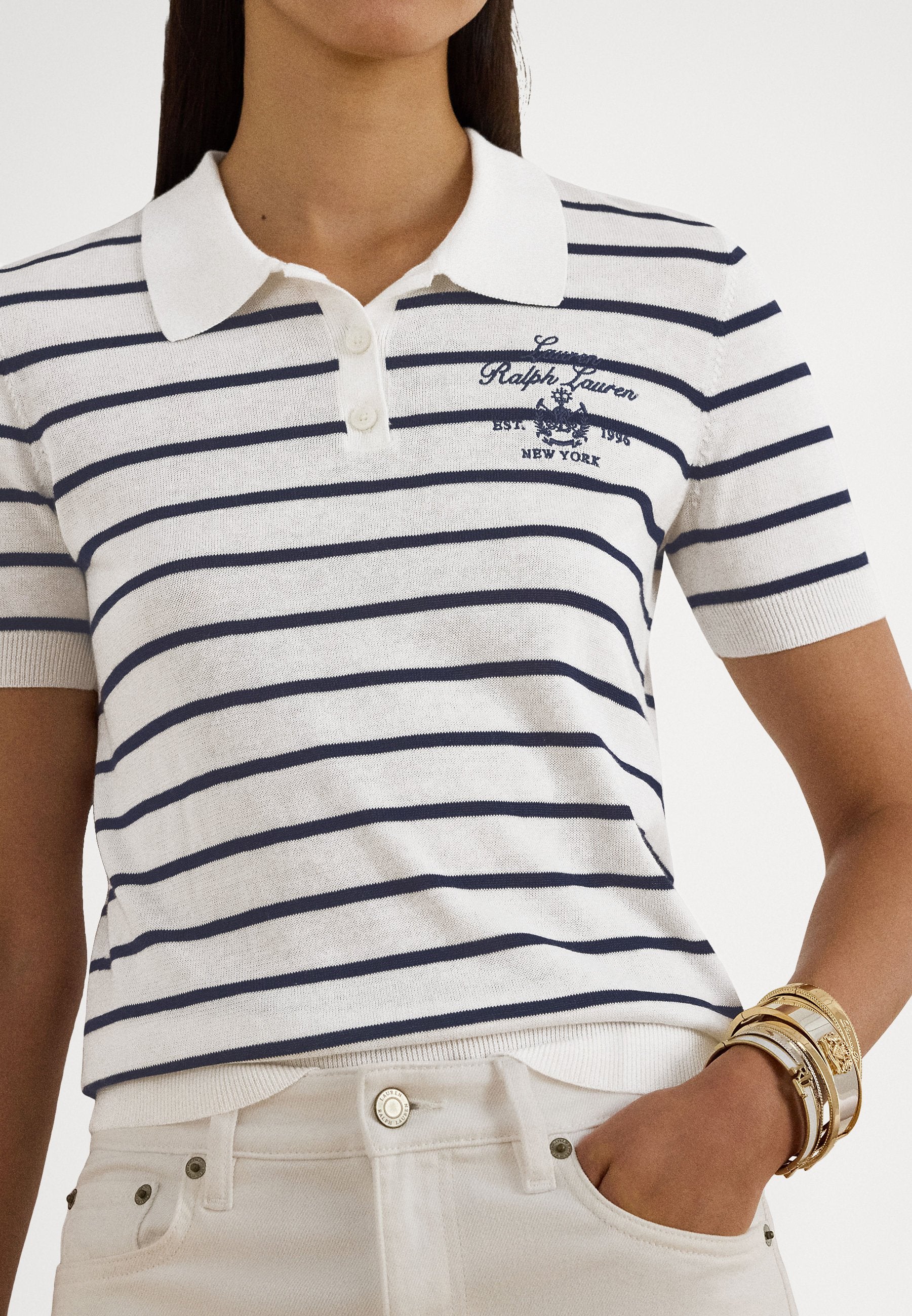 Lauren Ralph Lauren Petite STRIPED COTTON-BLEND POLO SWEATER