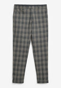 Grau karierte Hose mit einer Mischung aus dunklen und hellen Linien. Hergestellt aus einem glatten Stoff, mit einem Knopfverschluss und schmal zulaufenden Beinen.