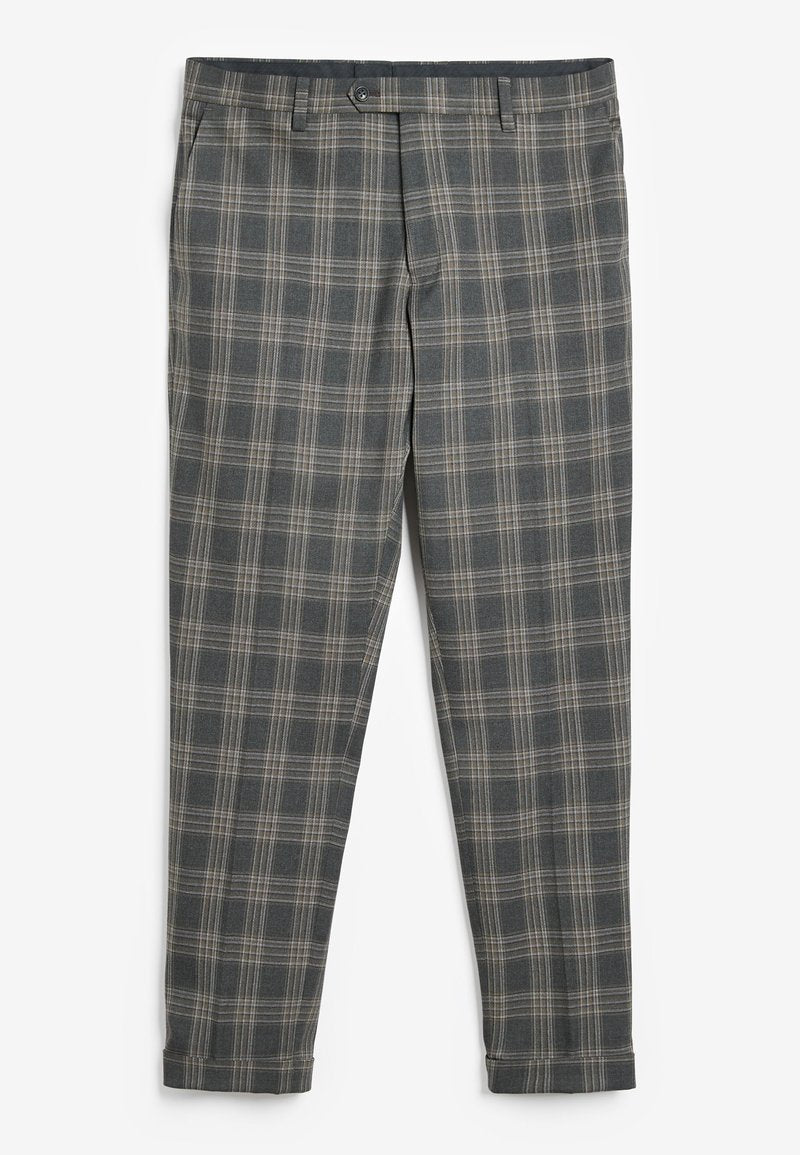 Grau karierte Hose mit einer Mischung aus dunklen und hellen Linien. Hergestellt aus einem glatten Stoff, mit einem Knopfverschluss und schmal zulaufenden Beinen.