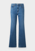 Blaue High-Waist-Jeans aus Denim mit weitem Bein, Frontknopf- und Reißverschluss sowie klassischem Fünf-Taschen-Design vor einfarbigem Hintergrund.