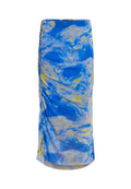 Mittelblaues und gelbes gemustertes Midikleid mit Raffung an der Seite, aus leichtem Material gefertigt, mit einer leicht durchsichtigen Textur.
