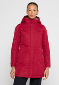 Rote isolierte Parka mit Kapuze, Frontreißverschluss, Reißverschluss-Taschen und glatter Textur. Hat eine taillierte Passform und strapazierfähiges Material.