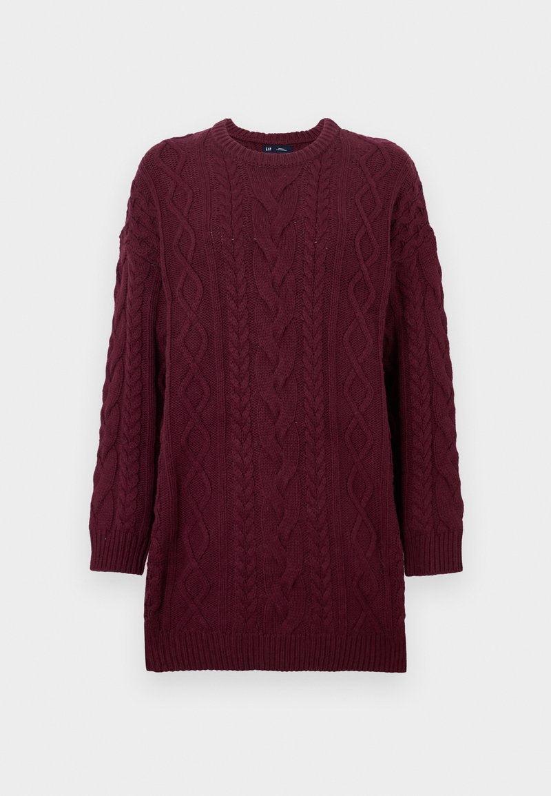 Burgunderrot gestrickter Pullover mit Rundhalsausschnitt, langen Ärmeln und gerippten Bündchen. Verfügt über strukturierte Diamant- und Drehmuster in der gesamten Oberfläche.