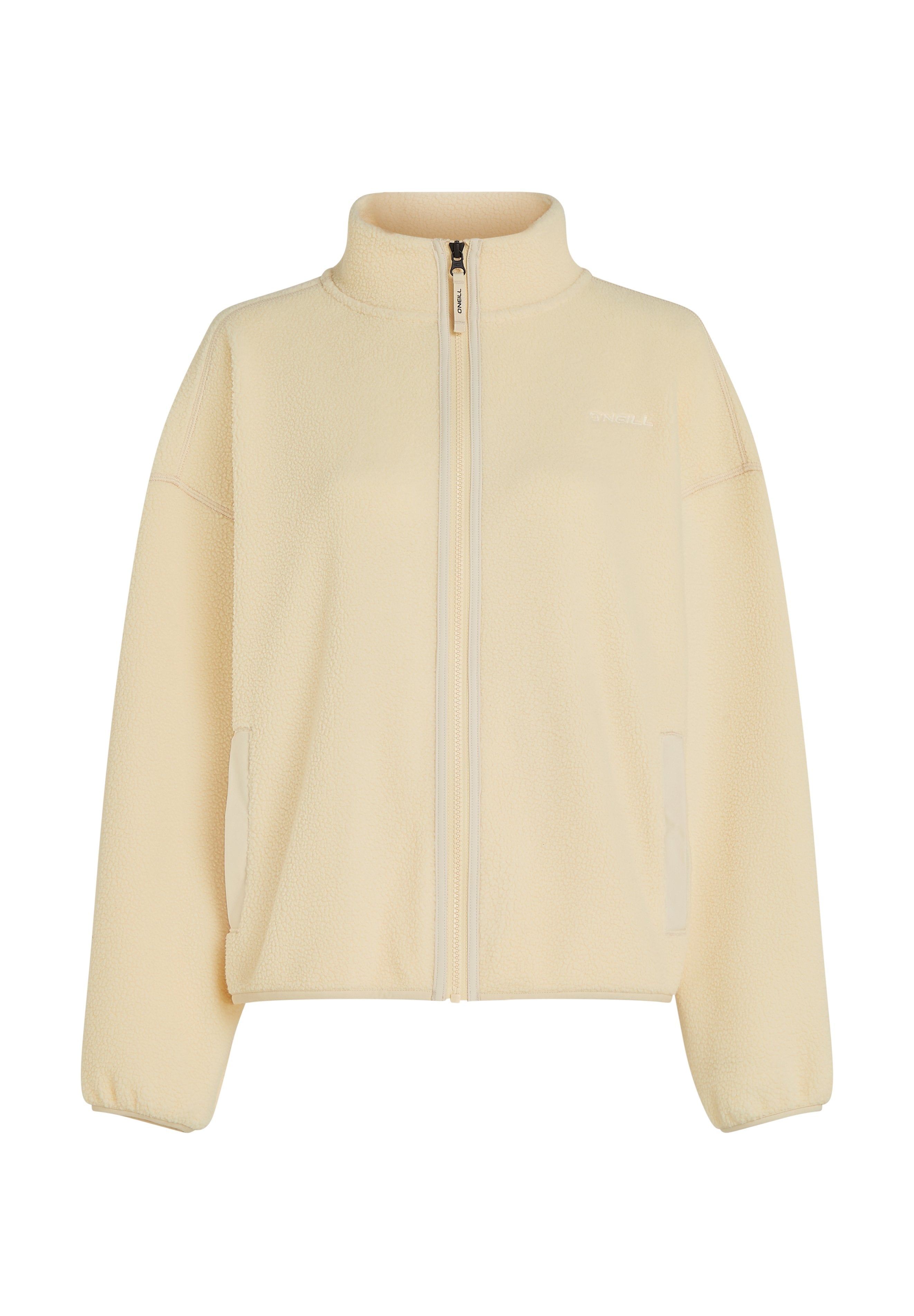 Fleecejacke in sanfter Cremetön, mit hohem Kragen, durchgehendem Reißverschluss und Seitentaschen. Strukturierten Stoff mit gerippten Bündchen.
