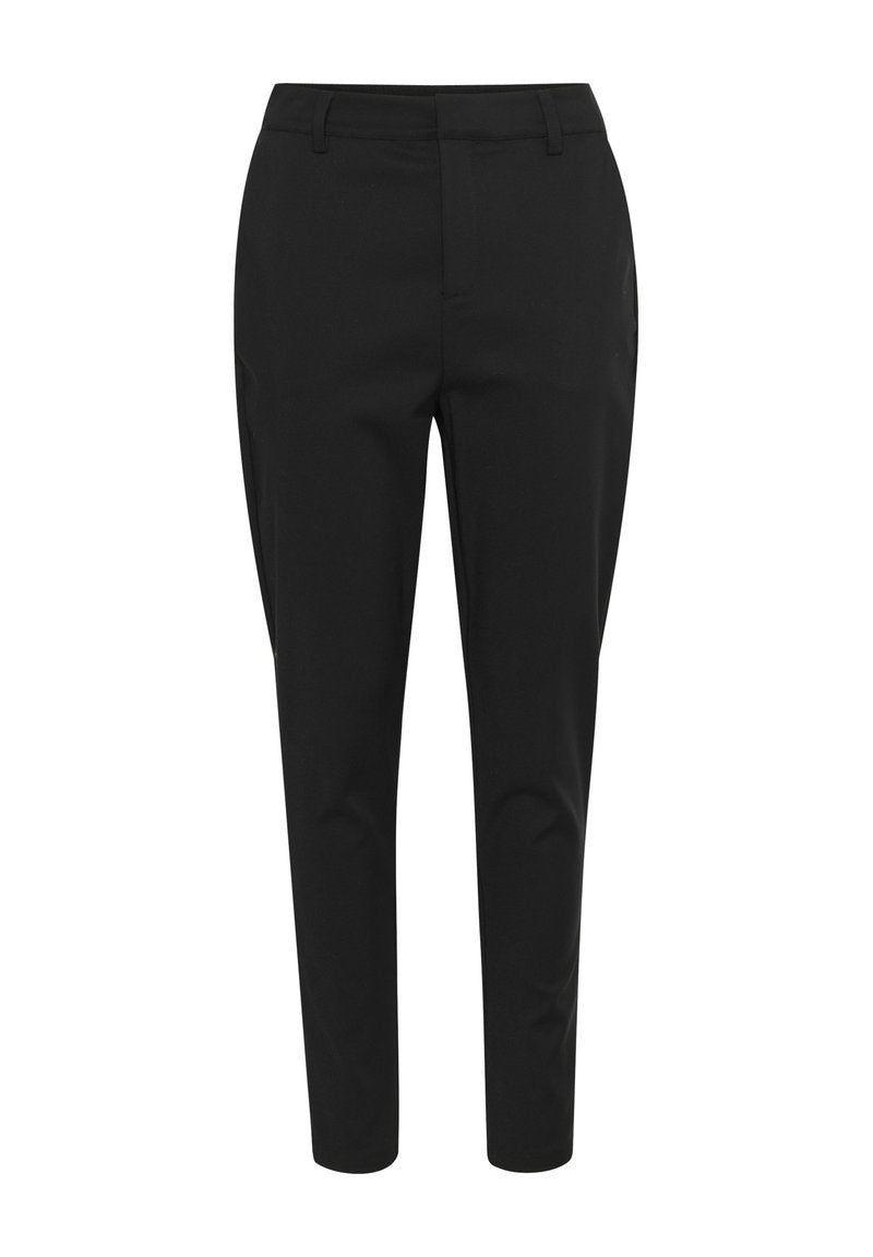 Schwarze Hose mit taillierter Passform, aus einem glatten, leichten Stoff gefertigt, mit Gürtelschlaufen und seitlichen Taschen für Funktionalität.