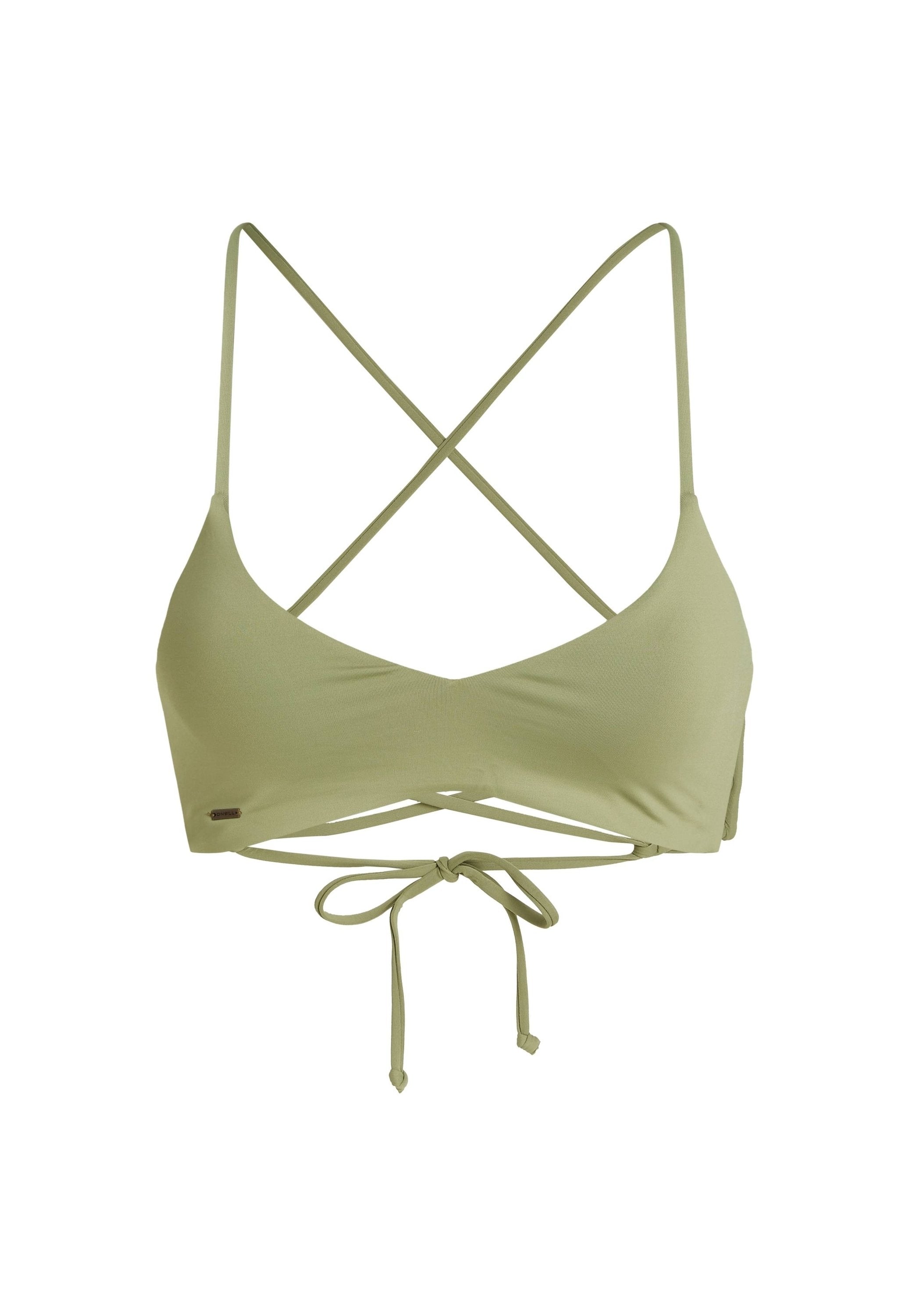 Olivenfarbener Bikini-Oberteil mit dreieckigem Design, dünnen, gekreuzten Trägern und einem Bindeband im Rücken. Glatte Textur, minimaler Markierungsdetails.