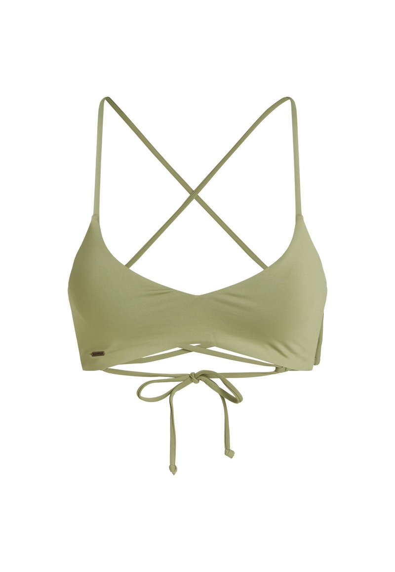 Olivenfarbener Bikini-Oberteil mit dreieckigem Design, dünnen, gekreuzten Trägern und einem Bindeband im Rücken. Glatte Textur, minimaler Markierungsdetails.