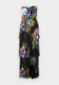 Trägerloses, gefälteltes Kleid mit schwarzem Grund und großen Blumenmustern in Blau, Pink und Grün, die in geschichteten Lagen herabfallen.