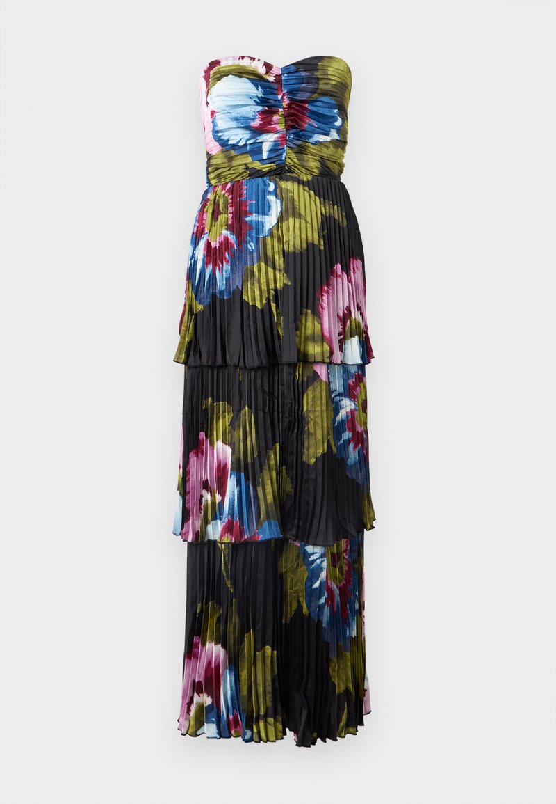 Trägerloses, gefälteltes Kleid mit schwarzem Grund und großen Blumenmustern in Blau, Pink und Grün, die in geschichteten Lagen herabfallen.