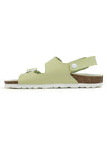Grüne Sandalen mit einem Ausschnittdesign, verstellbarem Riemen, Korksohle und weißer Gummisohle. Mit einem runden Knopf zum Schließen.