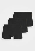 Drei Paare schwarze Boxershorts aus glattem Stoff, mit einem weichen Bund und ohne sichtbare Muster oder Akzente.
