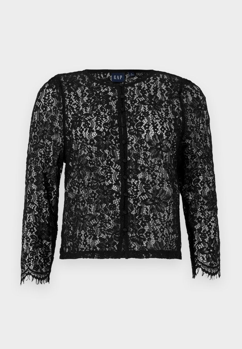 Schwarzer Spitzenstrickjacke mit langen Ärmeln, durchgehend mit Knöpfen, floralem Muster, geschwungenen Kanten und weicher Textur. Markenetikett am Halsausschnitt sichtbar.