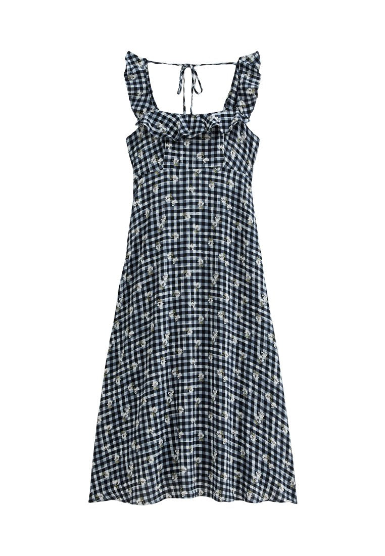 Marineblaues und weißes Gingham-Kleid mit floralem Muster, Rüschenträgern und taillierter Oberseite. Leichter Stoff mit einer lockeren A-Linie.