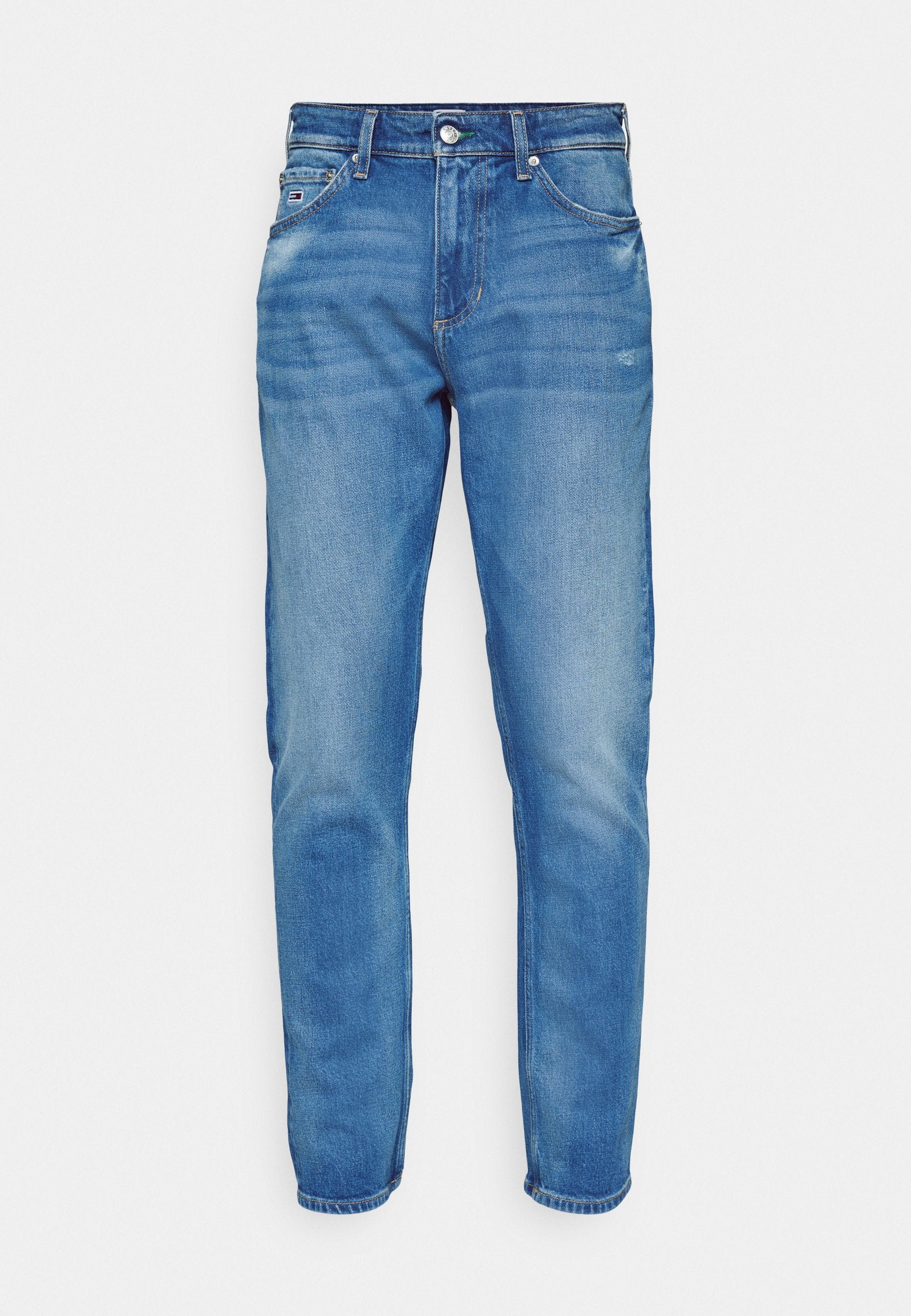 Blaue Jeans aus Denim mit geradem Bein, ausgestattet mit einem Reißverschluss, fünf Taschen und leichter Ausbleichung, abgeschlossen mit einem umgeschlagenen Saum.