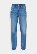 Blaue Jeans aus Denim mit geradem Bein, ausgestattet mit einem Reißverschluss, fünf Taschen und leichter Ausbleichung, abgeschlossen mit einem umgeschlagenen Saum.