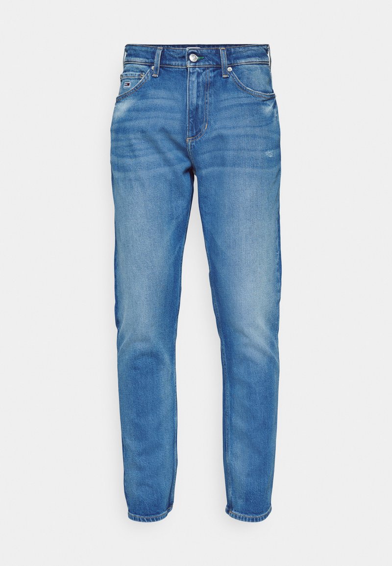 Blaue Jeans aus Denim mit geradem Bein, ausgestattet mit einem Reißverschluss, fünf Taschen und leichter Ausbleichung, abgeschlossen mit einem umgeschlagenen Saum.