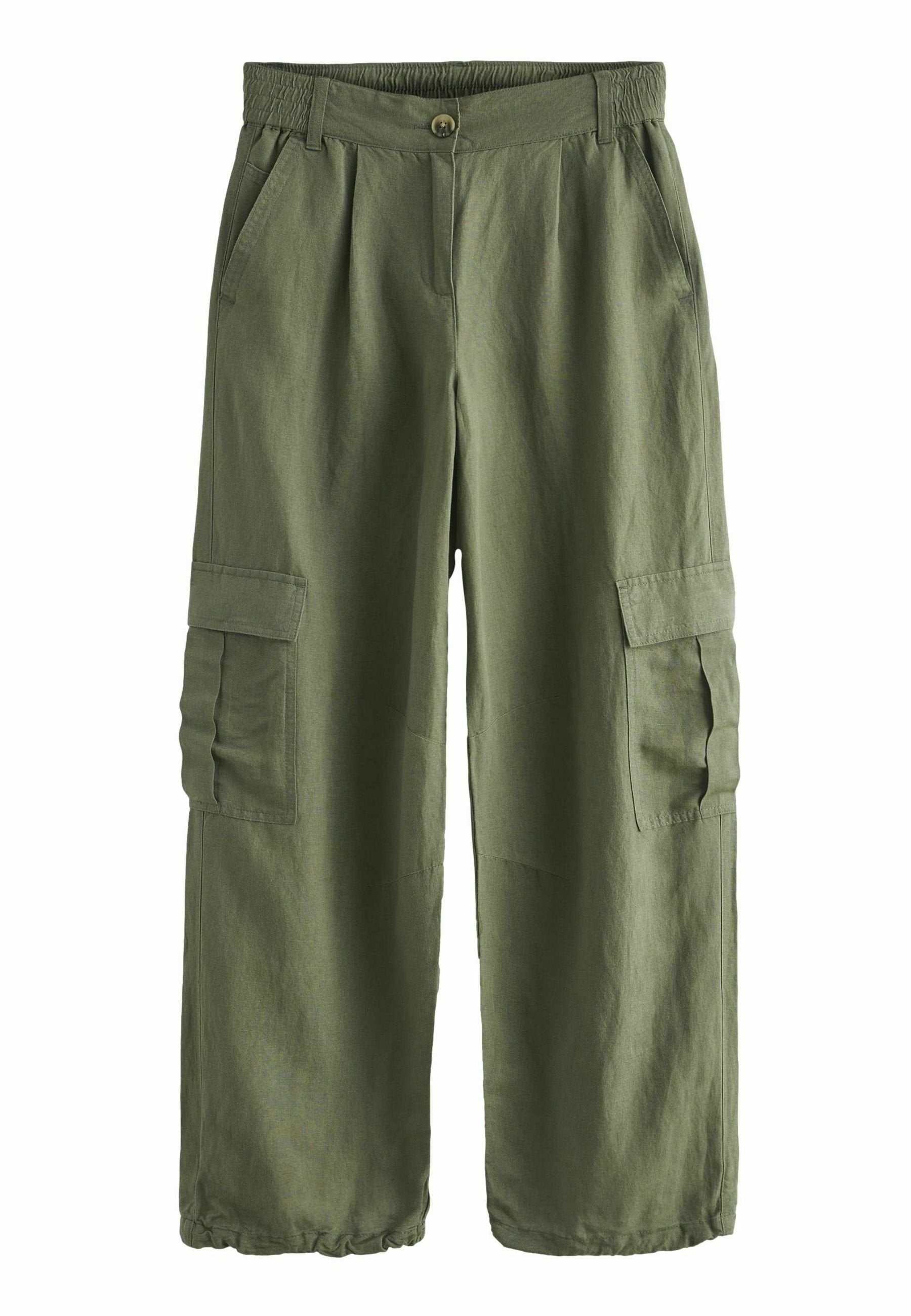 Grüne Cargo-Hosen aus Baumwolle mit elastischem Bund, zwei seitlichen Taschen und zwei Cargo-Taschen an den Oberschenkeln. Weit geschnittenes Design.
