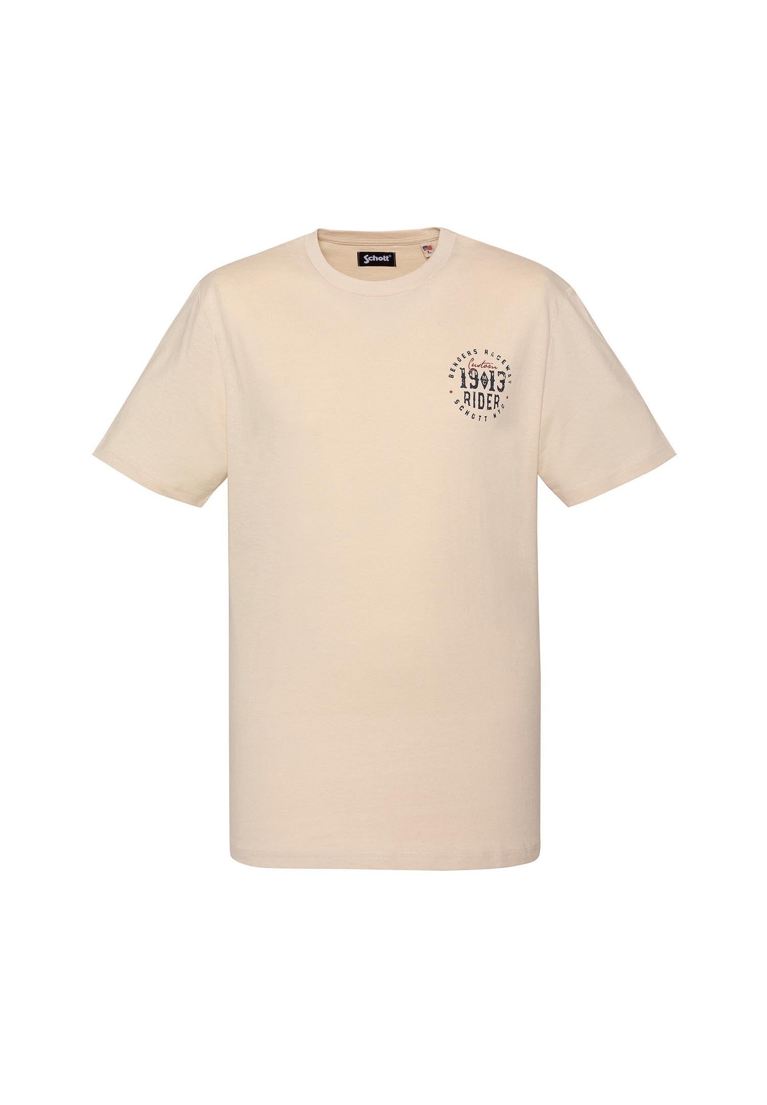 Beiges T-Shirt mit kurzen Ärmeln, rundem Ausschnitt und kleinem schwarzem rundem Logo mit der Aufschrift "1903 Rider" auf der linken Brust.