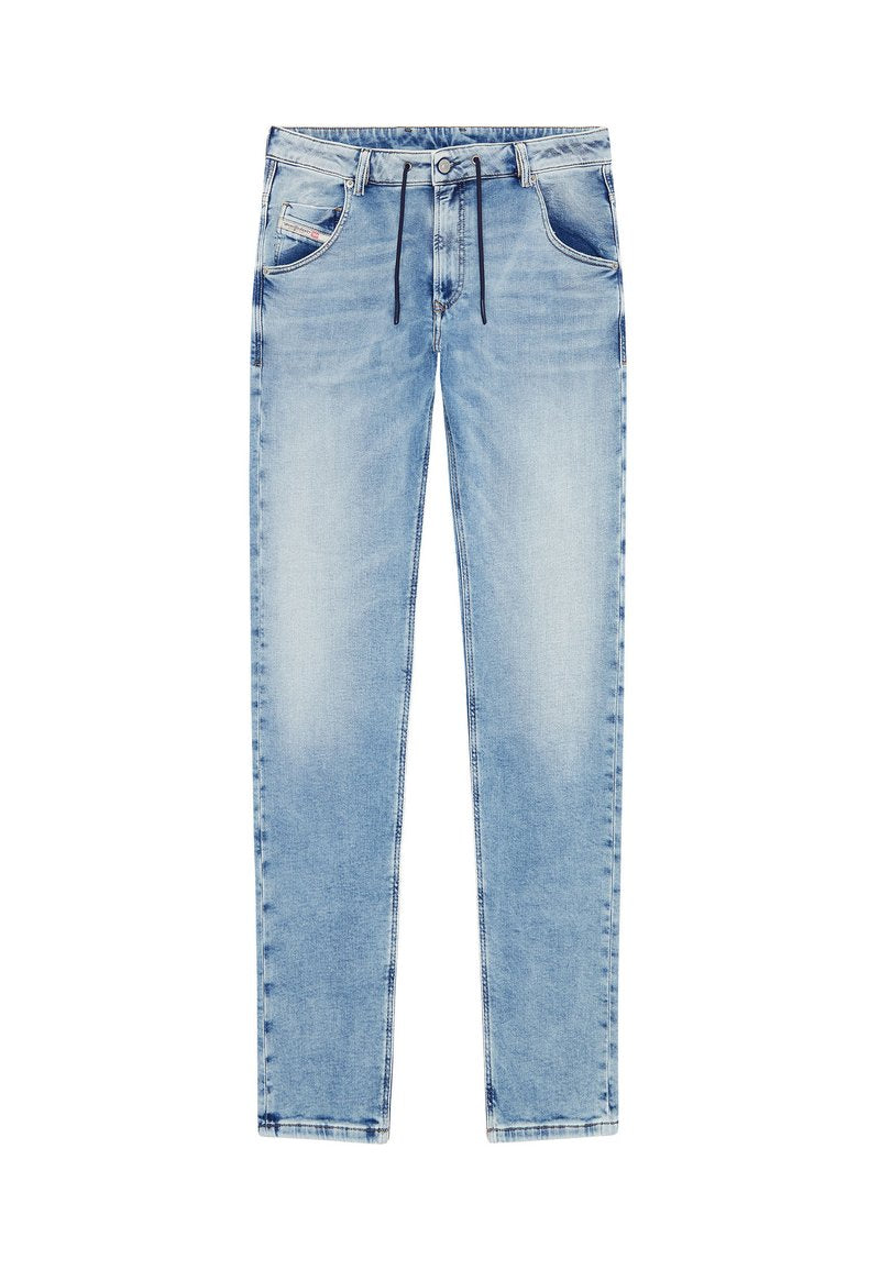 Helle blaue Jeans aus Denim mit geradem Schnitt, Kordelzugbund und vier Taschen. Sie verfügen über eine ausgewaschene Textur und detaillierte Nähte.