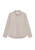 Braun- und beige kariertes Langarmhemd mit Button-Down-Kragen, Brusttasche und braunen Knöpfen, mit abgerundetem Saum.