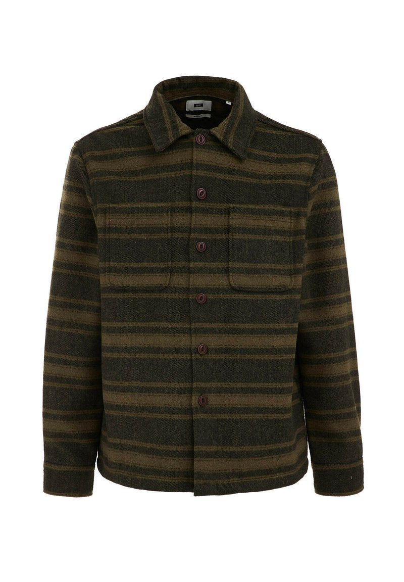 Grüne und braune gestreifte Jacke mit Kragen, Knopfverschluss und zwei Brusttaschen; aus strukturiertem Stoff gefertigt.