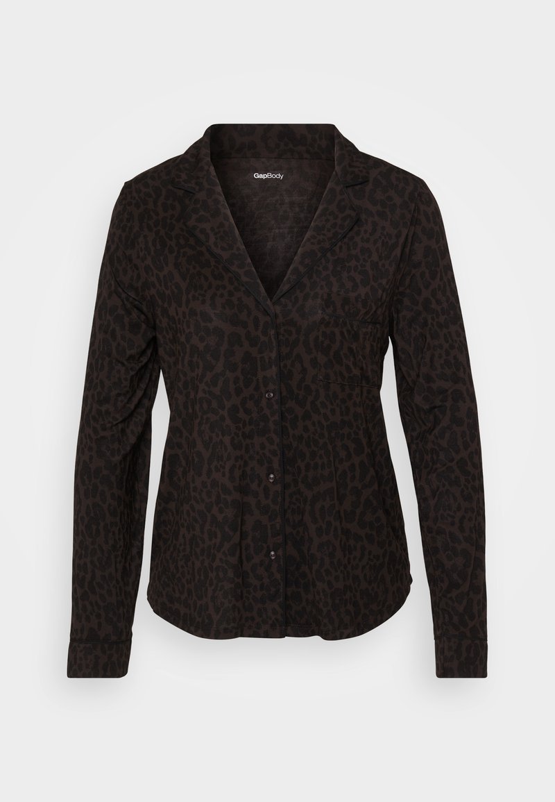 Schwarzes Langarmshirt mit Leopardenmuster, ausgestattet mit einem eingekerbten Kragen, vorderen Knöpfen und einer linken Brusttasche. Weicher Stoff und angenehme Haptik.