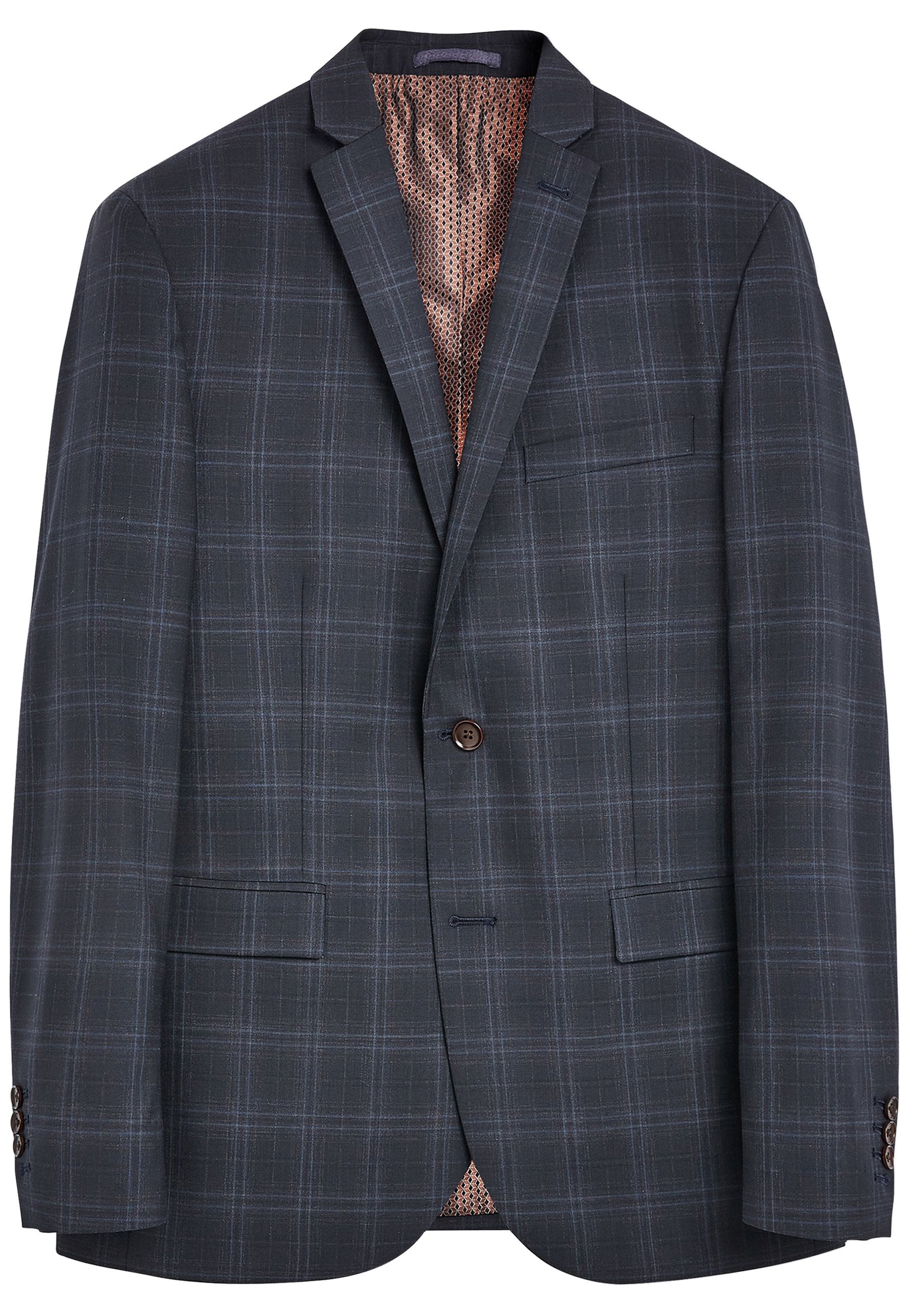 Dunkelgrauer karierter Blazer mit Reverskragen, Ein-Knopf-Verschluss, zwei vorderen Taschen und einem gemusterten Innenfutter.
