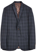 Dunkelgrauer karierter Blazer mit Reverskragen, Ein-Knopf-Verschluss, zwei vorderen Taschen und einem gemusterten Innenfutter.