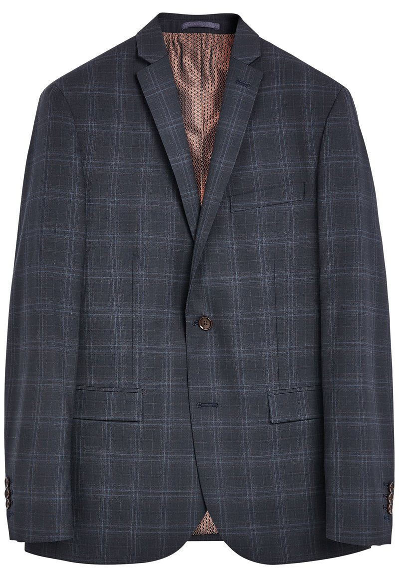 Dunkelgrauer karierter Blazer mit Reverskragen, Ein-Knopf-Verschluss, zwei vorderen Taschen und einem gemusterten Innenfutter.