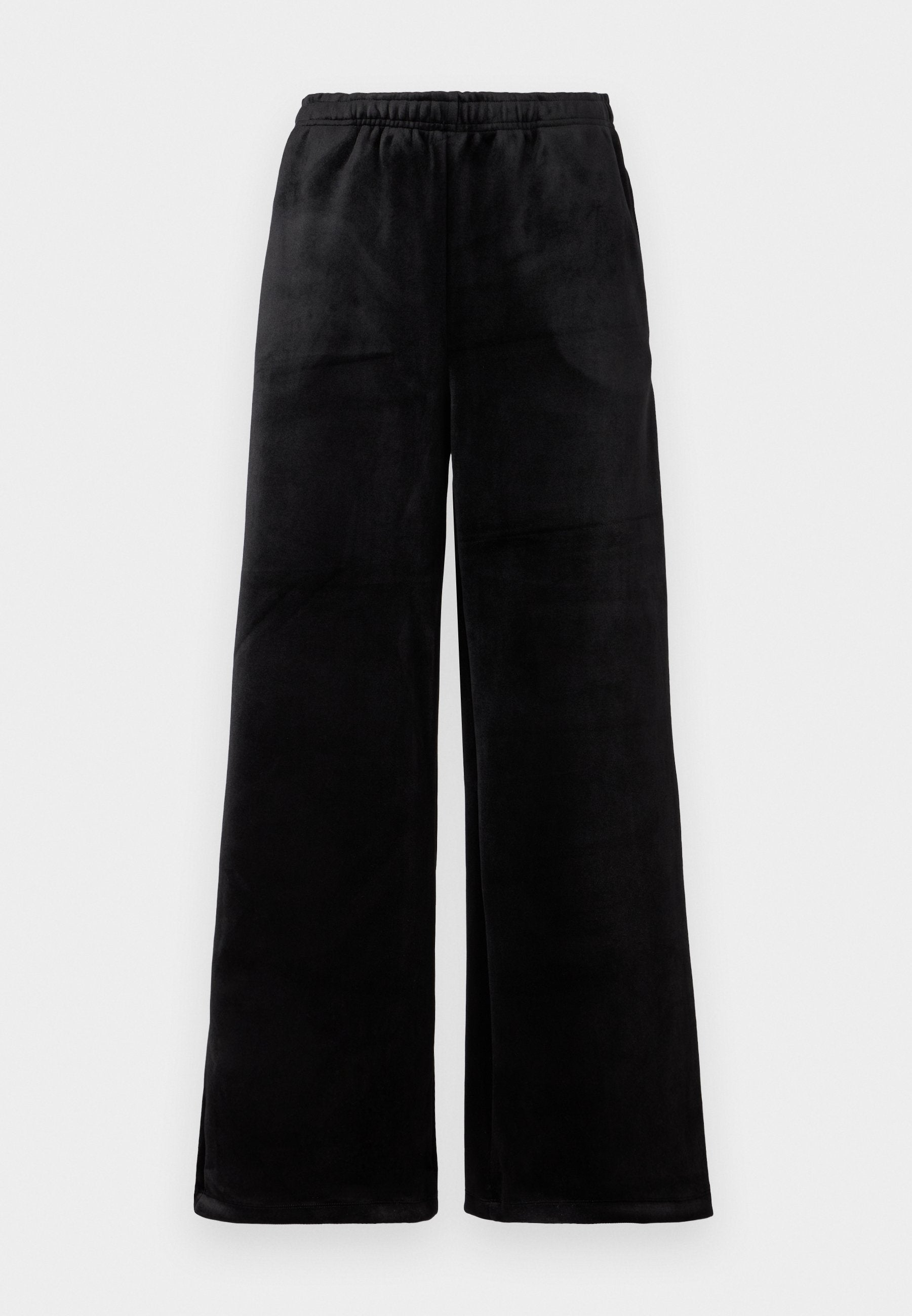 Schwarze weit geschnittene Hosen aus weichem Stoff, mit einem elastischen Bund und einer glatten Textur. Einfaches Design ohne Muster oder Akzente.