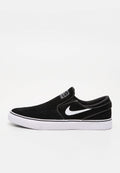 Schwarze Slipper-Sneaker aus Wildleder mit weißem Nike-Swoosh, weißer Sohle und strukturiertem Obermaterial. Verfügt über einen gepolsterten Kragen und ein minimalistisches Design.