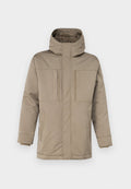 Beige Winterjacke mit hohem Kragen, Frontreißverschluss und zwei Brusttaschen mit Klappen. Aus einem glatten, strapazierfähigen Stoff gefertigt.