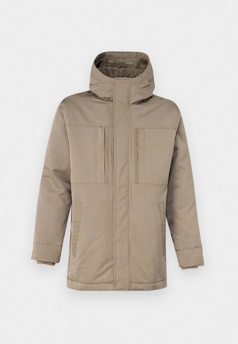 Beige Winterjacke mit hohem Kragen, Frontreißverschluss und zwei Brusttaschen mit Klappen. Aus einem glatten, strapazierfähigen Stoff gefertigt.